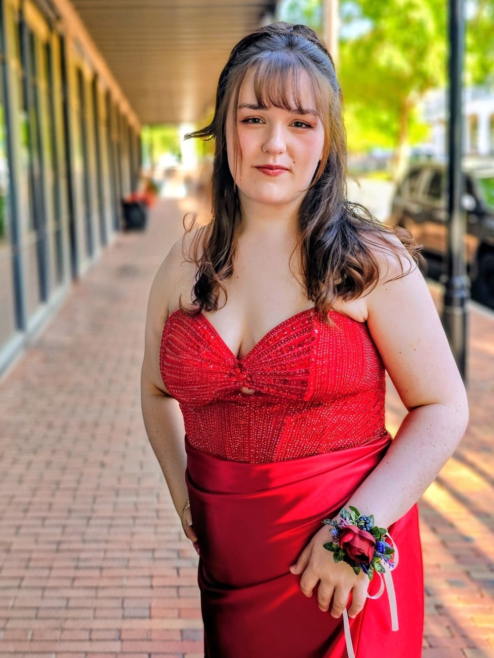 Strapless Red Beaded Prom Gown with Satin Skirt